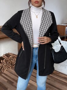 Linhara Jaket Lengan Panjang Wanita Ukuran Besar Kasual Motif Kotak-kotak Patchwork, Kerah Berresleting, Saku Depan Penuh, Hangat untuk Musim Semi, Gugur, dan Musim Dingin - Hitam - View 4