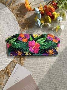 SHEIN Swim Atasan Bikini Bandeau Motif Bunga Acak untuk Wanita di Musim Panas, Cocok untuk Liburan di Pantai - MultiWarna - View 5