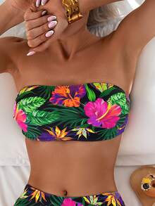SHEIN Swim Atasan Bikini Bandeau Motif Bunga Acak untuk Wanita di Musim Panas, Cocok untuk Liburan di Pantai - MultiWarna - View 1
