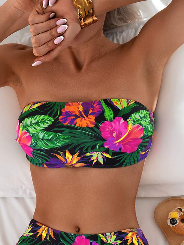 SHEIN Swim Atasan Bikini Bandeau Motif Bunga Acak untuk Wanita di Musim Panas, Cocok untuk Liburan di Pantai - MultiWarna - View 1