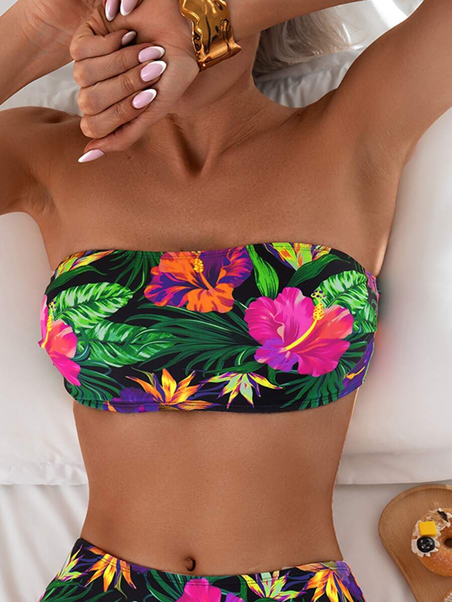 SHEIN Swim Atasan Bikini Bandeau Motif Bunga Acak untuk Wanita di Musim Panas, Cocok untuk Liburan di Pantai - MultiWarna - View 1