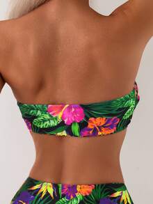 SHEIN Swim Atasan Bikini Bandeau Motif Bunga Acak untuk Wanita di Musim Panas, Cocok untuk Liburan di Pantai - MultiWarna - View 2