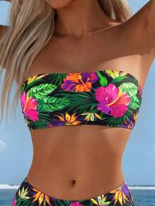 SHEIN Swim Atasan Bikini Bandeau Motif Bunga Acak untuk Wanita di Musim Panas, Cocok untuk Liburan di Pantai - MultiWarna - View 3