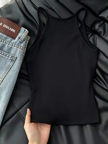 Resyla Women's Solid Color Versatile Tank Top For Daily Wear, Korean Style - Black - View 2