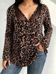Elenzga Women's Leopard Print Mesh V-Neck Long Sleeve Top, Casual Curved Hem Loose Fit Blouse - Multicolor - View 7