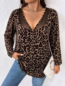 Elenzga Women's Leopard Print Mesh V-Neck Long Sleeve Top, Casual Curved Hem Loose Fit Blouse - Multicolor - View 4