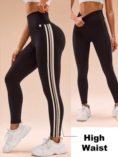 Sovereign Charm Women's Brown High Waist Side Stripe Butt Lifting Tight Leggings, Tummy Control High Elastic Casual Yoga Fitness Sports Base Layer Pants