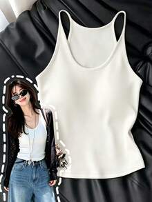 Resyla Women's Solid Color Casual Minimalist All-Match Versatile Tank Top, Suitable For Layering Or Wearing Alone Everyday All White Summer - White - View 6