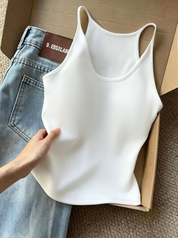 Resyla Women's Solid Color Casual Minimalist All-Match Versatile Tank Top, Suitable For Layering Or Wearing Alone Everyday All White Summer - White - View 1