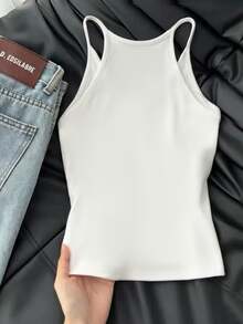 Resyla Women's Solid Color Casual Minimalist All-Match Versatile Tank Top, Suitable For Layering Or Wearing Alone Everyday All White Summer - White - View 2