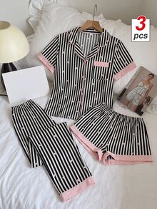 SHEIN MOD 3件套黑色条纹粉色爱心印花女士睡衣套装 - 黑色 - 查看 1