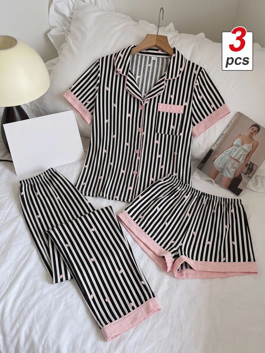 SHEIN MOD 3件套黑色条纹粉色爱心印花女士睡衣套装 - 黑色 - 查看 1