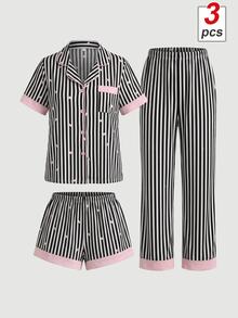 SHEIN MOD 3件套黑色条纹粉色爱心印花女士睡衣套装 - 黑色 - 查看 2