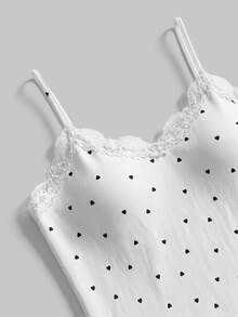 SHEIN MOD Women's Cute White Rib-Knit Pajama Set With Black Hearts And Lace Trim Spaghetti Strap Top And Regular Length Bottoms - Black and White - View 4