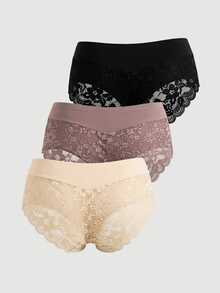 SHEIN MOD 3pcs Contrast Lace Scallop Trim Brief Lingerie - Multicolor - View 2