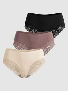 SHEIN MOD 3pcs Contrast Lace Scallop Trim Brief Lingerie - Multicolor - View 3