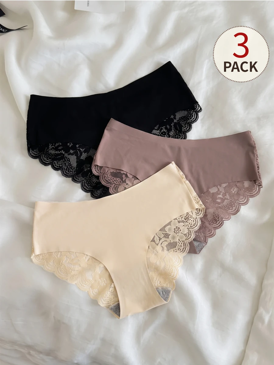 SHEIN MOD 3pcs Contrast Lace Scallop Trim Brief Lingerie - Multicolor - View 1