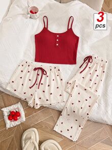 SHEIN MOD Heart Print Cami Top & Shorts & Pants PJ Set / Pajama Set Bow Tie  Cozy And Elegant Details - Red and White - View 2