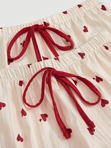 SHEIN MOD Heart Print Cami Top & Shorts & Pants PJ Set / Pajama Set Bow Tie  Cozy And Elegant Details - Red and White - View 4
