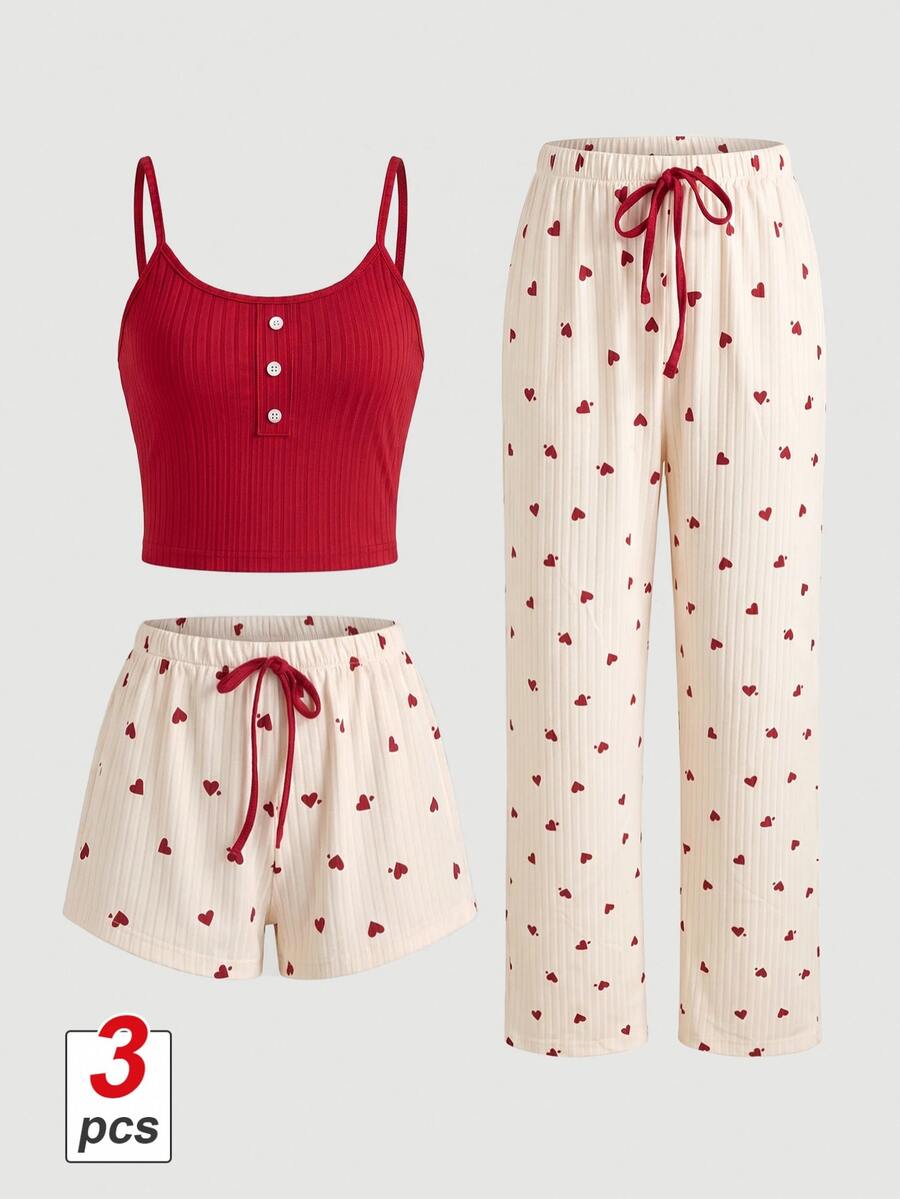 SHEIN MOD Heart Print Cami Top & Shorts & Pants PJ Set / Pajama Set Bow Tie Cozy And Elegant Details - Red and White - View 1