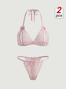 SHEIN MOD Set Lingerie Seksi Wanita Model Halter dengan Pita dan Dasi Kupu-kupu - Coffee Brown - View 2