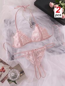 SHEIN MOD Set Lingerie Seksi Wanita Model Halter dengan Pita dan Dasi Kupu-kupu - Coffee Brown - View 1