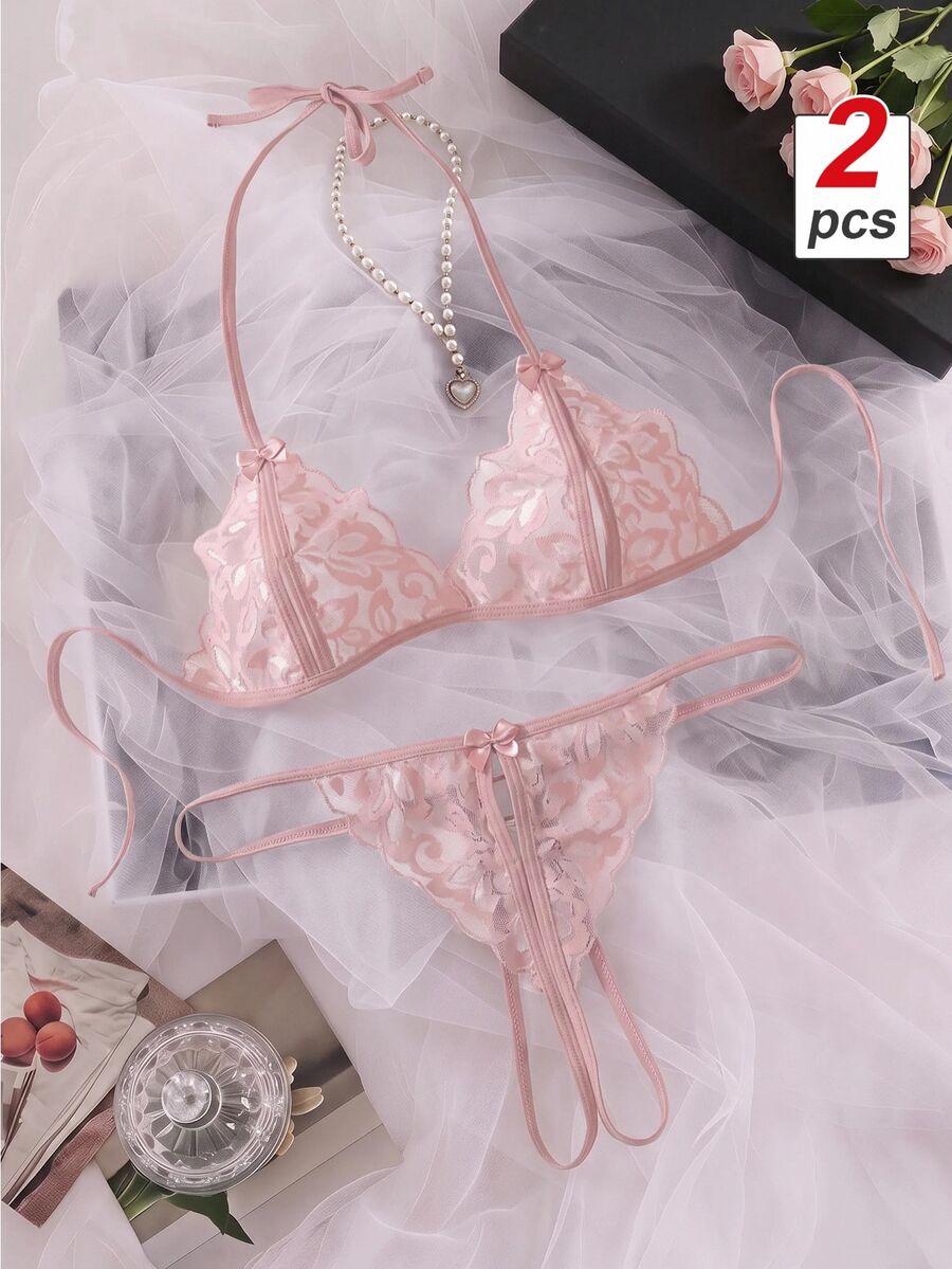 SHEIN MOD Set Lingerie Seksi Wanita Model Halter dengan Pita dan Dasi Kupu-kupu - Coffee Brown - View 1