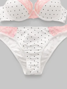 SHEIN MOD 2 piezas Conjunto de sujetador y ropa interior femenina con encaje rosa, parches y lunares, con soporte alto, aros y recogida, lindo y encantador - Blanco y Negro - Ver 4