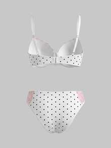 SHEIN MOD 2 piezas Conjunto de sujetador y ropa interior femenina con encaje rosa, parches y lunares, con soporte alto, aros y recogida, lindo y encantador - Blanco y Negro - Ver 3