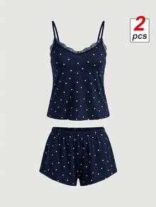 SHEIN MOD Knitted Rib Fabric, Heart Print Patchwork With Lace Trim, Fresh Pastoral Romantic Sweet Cute Sexy Camisole And Shorts, Suitable For Outerwear - Navy Blue - View 2