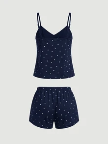SHEIN MOD Knitted Rib Fabric, Heart Print Patchwork With Lace Trim, Fresh Pastoral Romantic Sweet Cute Sexy Camisole And Shorts, Suitable For Outerwear - Navy Blue - View 4