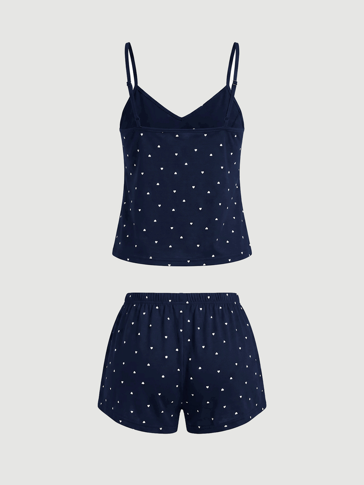 SHEIN MOD Kain Rajut Bergaris, Patchwork Motif Hati dengan Hiasan Renda, Kamisol dan Celana Pendek Bergaya Pastoral Segar, Romantis, Manis, Imut, Seksi, Cocok untuk Pakaian Luar - Navy Blue - View 4