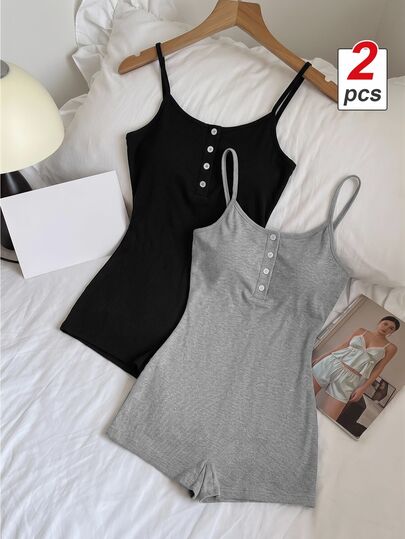 SHEIN MOD 2件套女士罗纹吊带连体睡衣