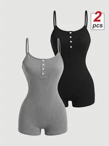 SHEIN MOD 2pcs/Set Women Ribbed Strap Jumpsuit Pajamas - Multicolor - View 2