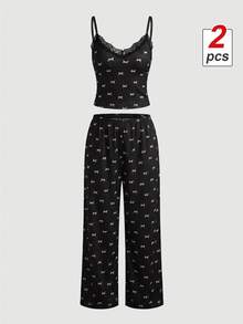SHEIN MOD Women's Sleepwear Set, Pink Bow Print Fine Rib Lace Patchwork V-Neck Camisole And Long Pants - Black - View 2