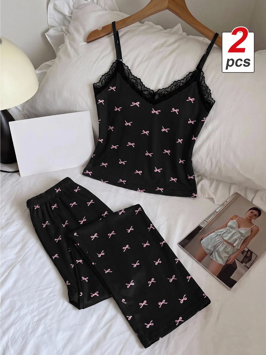 SHEIN MOD Women's Sleepwear Set, Pink Bow Print Fine Rib Lace Patchwork V-Neck Camisole And Long Pants - Black - View 1