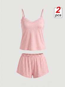 SHEIN MOD Knitted Rib Fabric, Heart Print Patchwork With Lace Trim, Romantic Sweet Cute Sexy Camisole Women Summer Sets Outfit Pajamas Polka Dot Short Set PJS - Pink - View 3