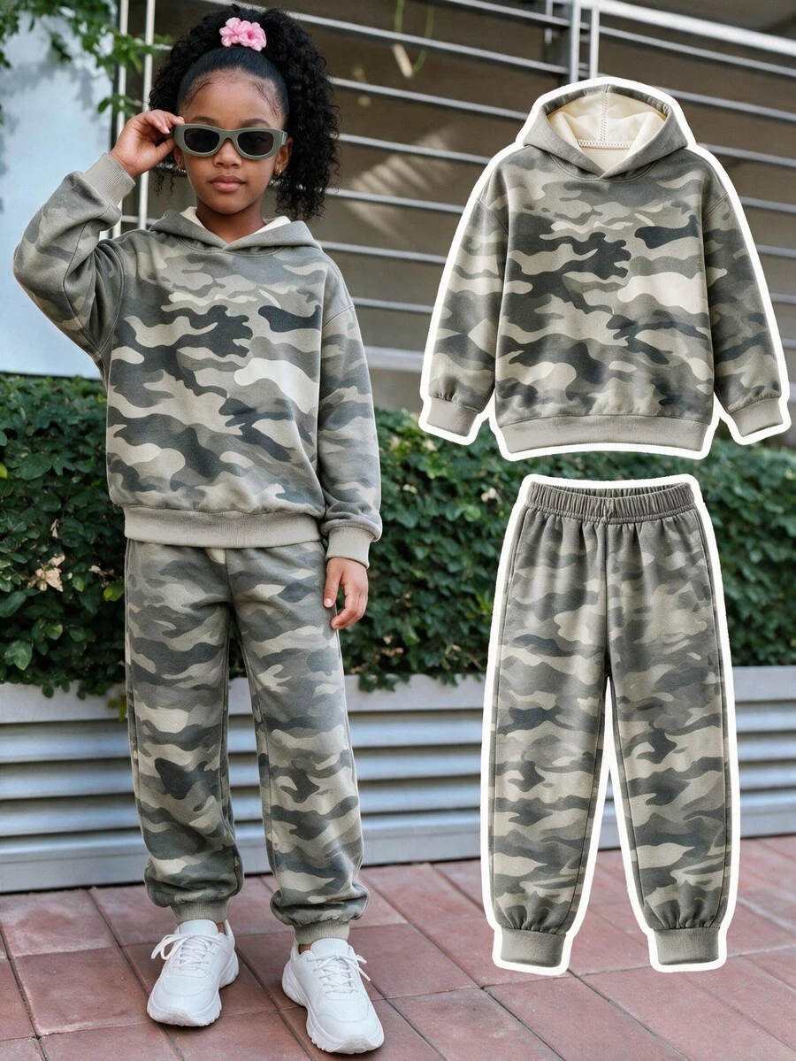2件組 4-7歲女童休閒套裝,迷彩圖案數位印花連帽衛衣與運動長褲,適合日常穿著與外出,柔軟面料,時尚連帽套裝,春/秋/冬女童服飾套裝 - 黑色 - 查看 1