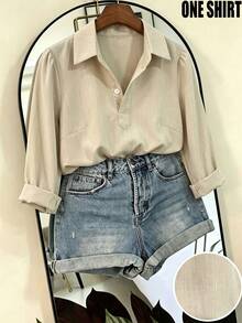 SHEIN Light Khaki Fine Vertical Stripe Collared Half Button Shirt Women Korean Style Commute Minimalist Puff Long Sleeve Small Stand Collar Pullover Blouse Loose Straight Cut Rounded Hem Elegant Versatile Office Inner Wear Outer Wear Ladies Top - Apricot - View 2