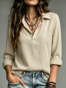 SHEIN Light Khaki Fine Vertical Stripe Collared Half Button Shirt Women Korean Style Commute Minimalist Puff Long Sleeve Small Stand Collar Pullover Blouse Loose Straight Cut Rounded Hem Elegant Versatile Office Inner Wear Outer Wear Ladies Top - Apricot - View 5