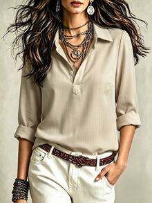 SHEIN Light Khaki Fine Vertical Stripe Collared Half Button Shirt Women Korean Style Commute Minimalist Puff Long Sleeve Small Stand Collar Pullover Blouse Loose Straight Cut Rounded Hem Elegant Versatile Office Inner Wear Outer Wear Ladies Top - Apricot - View 7