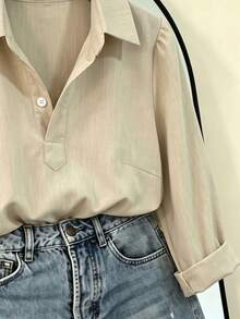 SHEIN Light Khaki Fine Vertical Stripe Collared Half Button Shirt Women Korean Style Commute Minimalist Puff Long Sleeve Small Stand Collar Pullover Blouse Loose Straight Cut Rounded Hem Elegant Versatile Office Inner Wear Outer Wear Ladies Top - Apricot - View 4