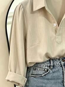 SHEIN Light Khaki Fine Vertical Stripe Collared Half Button Shirt Women Korean Style Commute Minimalist Puff Long Sleeve Small Stand Collar Pullover Blouse Loose Straight Cut Rounded Hem Elegant Versatile Office Inner Wear Outer Wear Ladies Top - Apricot - View 6
