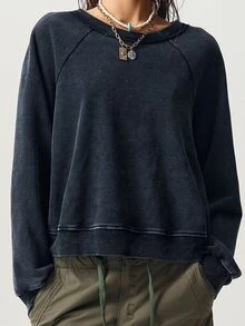 Bohemela Women's Raglan Long Sleeve Button Design Casual Retro Sweatshirt Everyday Night Out Dark Wash Autumn - Black - View 3