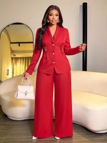 Brilight V Metal Decor Waist Slim Jacket High Waist Wide Leg Pants For Wedding Guest Office Business Party - Red - View 4