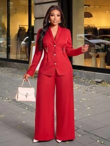 Brilight V Metal Decor Waist Slim Jacket High Waist Wide Leg Pants For Wedding Guest Office Business Party - Red - View 2