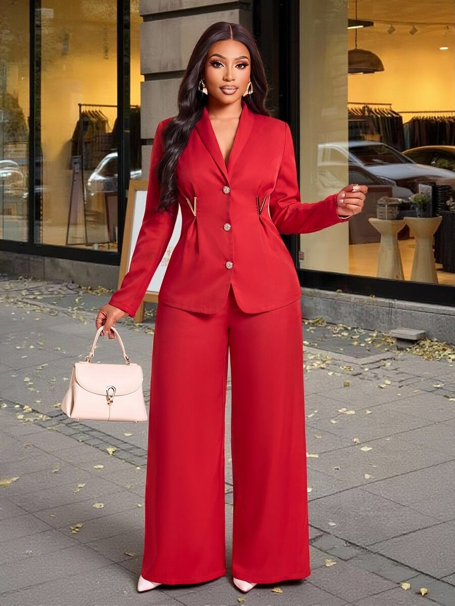 Brilight V Metal Decor Waist Slim Jacket High Waist Wide Leg Pants For Wedding Guest Office Business Party