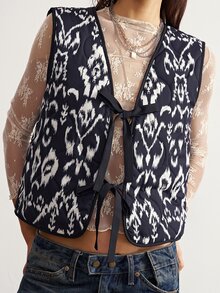 Bohemela Rompi Wanita Nyaman dengan Motif Kontras Warna dan Tali Pengikat, Bahan Katun, Model Empuk, Cocok untuk Aktivitas Sehari-hari, Mendaki, Warna Biru Tua, Musim Gugur, Gaya Kasual Prancis - Hitam dan Putih - View 2