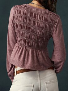 Bohemela Kaos Wanita Polos Leher Bulat Lengan Panjang Berkerut Kasual Romantis Kencan Ungu Mauve Musim Gugur - Purple - View 8