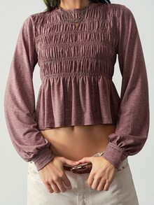 Bohemela Kaos Wanita Polos Leher Bulat Lengan Panjang Berkerut Kasual Romantis Kencan Ungu Mauve Musim Gugur - Purple - View 2